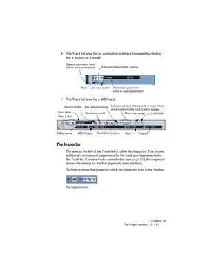 Page 71CUBASE SE
The Project window 5 – 71
•The Track list area for an automation subtrack (revealed by clicking 
the + button on a track):
•The Track list area for a MIDI track:
The Inspector
The area to the left of the Track list is called the Inspector. This shows 
additional controls and parameters for the track you have selected in 
the Track list. If several tracks are selected (see page 90), the Inspector 
shows the setting for the first (topmost) selected track.
To hide or show the Inspector, click the...