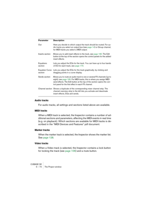 Page 74CUBASE SE
5 – 74 The Project window
Audio tracks
For audio tracks, all settings and sections listed above are available.
MIDI tracks
When a MIDI track is selected, the Inspector contains a number of ad-
ditional sections and parameters, affecting the MIDI events in real time 
(e.g. on playback). Which sections are available for MIDI tracks is de-
scribed in the “MIDI Devices and Features” pdf document.
Marker tracks
When the marker track is selected, the Inspector shows the marker list. 
See page 128....