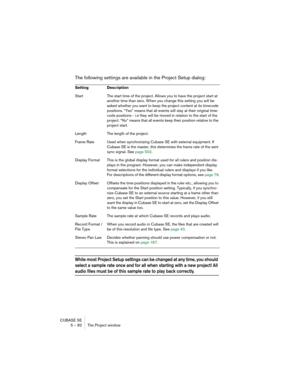 Page 82CUBASE SE
5 – 82 The Project window
The following settings are available in the Project Setup dialog:
While most Project Setup settings can be changed at any time, you should 
select a sample rate once and for all when starting with a new project! All 
audio files must be of this sample rate to play back correctly.
Setting Description
Start The start time of the project. Allows you to have the project start at 
another time than zero. When you change this setting you will be 
asked whether you want to...