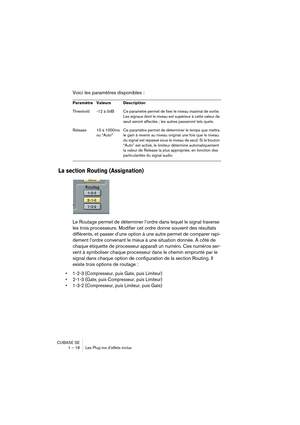 Page 18 
CUBASE SE
1 – 18 Les Plug-ins d’effets inclus 
Voici les paramètres disponibles : 
La section Routing (Assignation)
 
Le Routage permet de déterminer l’ordre dans lequel le signal traverse 
les trois processeurs. Modifier cet ordre donne souvent des résultats 
différents, et passer d’une option à une autre permet de comparer rapi-
dement l’ordre convenant le mieux à une situation donnée. À côté de 
chaque étiquette de processeur apparaît un numéro. Ces numéros ser-
vent à symboliser chaque processeur...