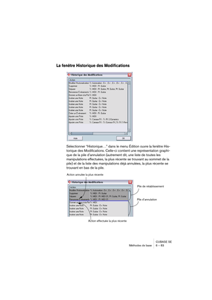 Page 83CUBASE SE
Méthodes de base 6 – 83
La fenêtre Historique des Modifications
Sélectionner “Historique…” dans le menu Édition ouvre la fenêtre His-
torique des Modifications. Celle-ci contient une représentation graphi-
que de la pile d’annulation (autrement dit, une liste de toutes les 
manipulations effectuées, la plus récente se trouvant au sommet de la 
pile) et de la liste des manipulations déjà annulées, la plus récente se 
trouvant en bas de la pile.
Pile de rétablissement
Pile d’annulation Action...