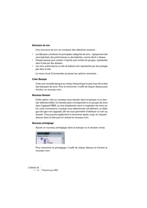 Page 14 
CUBASE SE
1 – 14 Périphériques MIDI 
Structure de son
 
Une structure de son se compose des éléments suivants : 
• Les Banques constituent les principales catégories de sons – typiquement des 
sons (patches), des performances ou des batteries, comme décrit ci dessus.
• Chaque banque peut contenir n’importe quel nombre de groupes, représentés 
dans la liste par des dossiers.
• Les sons, performances ou kits de batterie sont représentés par des prérégla-
ges dans la liste.
 
Le menu local Commandes...