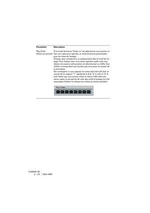 Page 22 
CUBASE SE
2 – 22 Effets MIDI
Play Order 
(Ordre de Lecture)Si le mode de lecture “Order on” est sélectionné, vous pouvez uti-
liser ces cases pour spécifier un ordre de lecture personnalisé 
pour les notes de l’arpège :
Chaque case correspond à un emplacement dans le motif de l’ar-
pège. Pour chaque case, vous devez spécifier quelle note vous 
désirez voir jouée à cette position, en sélectionnant un chiffre. Ces 
chiffres correspondent aux touches que vous jouez, en partant de 
la plus basse.
Par...