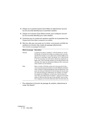 Page 28CUBASE SE
2 – 28 Effets MIDI
3.Cliquez sur le premier bouton Zone Select et sélectionnez l’accord 
(ou les accords) désiré(s) pour la première variation.
4.Cliquez sur le bouton Zone Select suivant, puis configurez l’accord 
(ou les accords) désiré(s) pour cette variation.
5.Continuez pour le nombre de variations spécifié via le paramètre Use.
Chaque bouton Zone Select correspond à une variation.
6.Dès lors, dès que vous jouez sur le clavier, vous pouvez contrôler les 
variations en fonction des modes de...