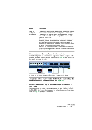 Page 103CUBASE SE
La fenêtre Projet 5 – 103
•Utilisez les boutons Coup de Pouce de la barre d’outils.
Ces boutons déplacent les événements vers la gauche ou la droite. L’ampleur du dé-
placement dépend du format d’affichage sélectionné (voir page 84) et de la valeur ré-
glée dans le menu local de Grille.
Ici, cliquer sur ce bouton déplacera l’Evènement 2 images vers la droite.
Lorsque vous utilisez l’outil Sélection d’Intervalle, les boutons Coup de 
Pouce déplaceront la zone sélectionnée (voir page 118).
• Par...