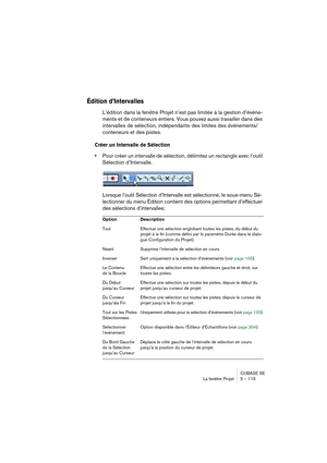 Page 115CUBASE SE
La fenêtre Projet 5 – 115
Édition d’Intervalles
L’édition dans la fenêtre Projet n’est pas limitée à la gestion d’événe-
ments et de conteneurs entiers. Vous pouvez aussi travailler dans des 
intervalles de sélection, indépendants des limites des événements/
conteneurs et des pistes.
Créer un Intervalle de Sélection
•Pour créer un intervalle de sélection, délimitez un rectangle avec l’outil 
Sélection d’Intervalle.
 
Lorsque l’outil Sélection d’Intervalle est sélectionné, le sous-menu Sé-...