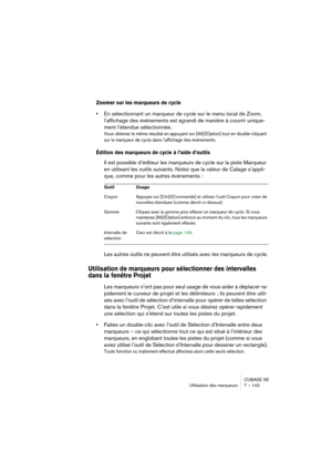 Page 143CUBASE SE
Utilisation des marqueurs 7 – 143
Zoomer sur les marqueurs de cycle
•En sélectionnant un marqueur de cycle sur le menu local de Zoom, 
l’affichage des événements est agrandi de manière à couvrir unique-
ment l’étendue sélectionnée.
Vous obtenez le même résultat en appuyant sur [Alt]/[Option] tout en double-cliquant 
sur le marqueur de cycle dans l’affichage des événements.
Édition des marqueurs de cycle à l’aide d’outils
Il est possible d’éditeur les marqueurs de cycle sur la piste Marqueur 
en...