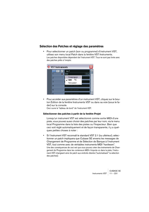 Page 231CUBASE SE
Instruments VST 11 – 231
Sélection des Patches et réglage des paramètres
•Pour sélectionner un patch (son ou programme) d’instrument VST, 
utilisez son menu local Patch dans la fenêtre VST Instruments.
Les patches disponibles dépendent de l’instrument VST. Tous ne sont pas livrés avec 
des patches prêts à l’emploi.
•Pour accéder aux paramètres d’un instrument VST, cliquez sur le bou-
ton Édition de la fenêtre Instruments VST ou dans sa voie (sous le fa-
der) sur la console.
Ceci ouvre le...