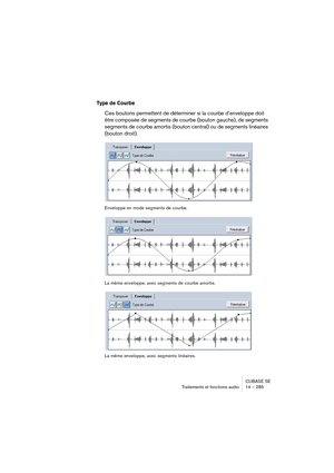 Page 285CUBASE SE
Traitements et fonctions audio 14 – 285
Type de Courbe
Ces boutons permettent de déterminer si la courbe d’enveloppe doit 
être composée de segments de courbe (bouton gauche), de segments 
segments de courbe amortis (bouton central) ou de segments linéaires 
(bouton droit).
Enveloppe en mode segments de courbe.
La même enveloppe, avec segments de courbe amortis.
La même enveloppe, avec segments linéaires.    