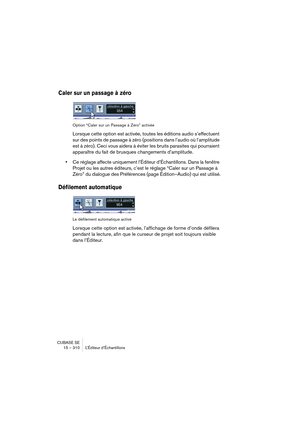 Page 310CUBASE SE
15 – 310 L’Éditeur d’Échantillons
Caler sur un passage à zéro
Option “Caler sur un Passage à Zéro” activée
Lorsque cette option est activée, toutes les éditions audio s’effectuent 
sur des points de passage à zéro (positions dans l’audio où l’amplitude 
est à zéro). Ceci vous aidera à éviter les bruits parasites qui pourraient 
apparaître du fait de brusques changements d’amplitude.
•Ce réglage affecte uniquement l’Éditeur d’Échantillons. Dans la fenêtre 
Projet ou les autres éditeurs, c’est le...