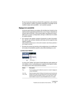 Page 329CUBASE SE
Travailler avec des repères et des tranches 17 – 329
Si vous trouvez des repères qui doivent être supprimés ou des endroits 
où il faut ajouter un repère, la première manipulation à envisager est de 
modifier la valeur de la sensibilité – voir la section suivante.
Réglage de la sensibilité
La boucle subit d’abord une analyse, afin de déterminer l’endroit où les 
repères doivent apparaître (autrement dit, où les “temps” individuels se 
trouvent dans la boucle) ; il faut ensuite régler...