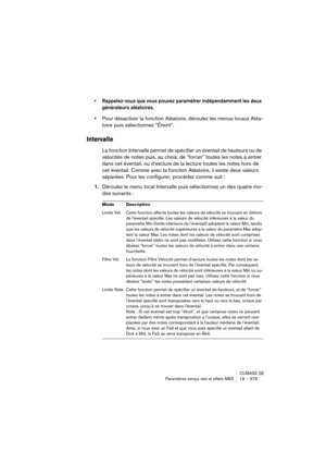 Page 379CUBASE SE
Paramètres temps réel et effets MIDI 19 – 379
• Rappelez-vous que vous pouvez paramétrer indépendamment les deux 
générateurs aléatoires.
•Pour désactiver la fonction Aléatoire, déroulez les menus locaux Aléa-
toire puis sélectionnez “Éteint”.
Intervalle
La fonction Intervalle permet de spécifier un éventail de hauteurs ou de 
vélocités de notes puis, au choix, de “forcer” toutes les notes à entrer 
dans cet éventail, ou d’exclure de la lecture toutes les notes hors de 
cet éventail. Comme avec...