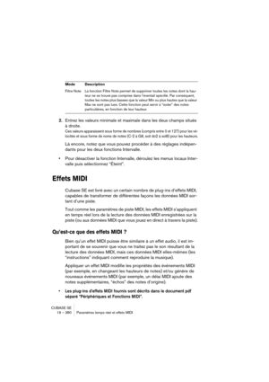 Page 380CUBASE SE
19 – 380 Paramètres temps réel et effets MIDI
2.Entrez les valeurs minimale et maximale dans les deux champs situés 
à droite.
Ces valeurs apparaissent sous forme de nombres (compris entre 0 et 127) pour les vé-
locités et sous forme de noms de notes (C-2 à G8, soit do2 à sol8) pour les hauteurs.
Là encore, notez que vous pouvez procéder à des réglages indépen-
dants pour les deux fonctions Intervalle.
•Pour désactiver la fonction Intervalle, déroulez les menus locaux Inter-
valle puis...