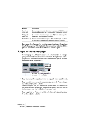 Page 384CUBASE SE
19 – 384 Paramètres temps réel et effets MIDI
• Dans le cas des effets dont les contrôles apparaissent dans l’Inspecteur, 
il suffit d’appuyer sur [Alt]/[Option] tout en cliquant sur le bouton Édition 
pour les forcer à apparaître dans un tableau de bord séparé.
À propos des Presets (Préréglages)
Certains plug-ins MIDI sont livrés avec un certain nombre de prérégla-
ges, permettant de les utiliser immédiatement. Pour gérer ces préré-
glages, vous disposez d’un menu local Presets ainsi que de...