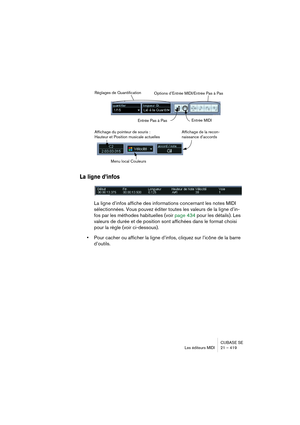 Page 419CUBASE SE
Les éditeurs MIDI 21 – 419
La ligne d’infos
La ligne d’infos affiche des informations concernant les notes MIDI 
sélectionnées. Vous pouvez éditer toutes les valeurs de la ligne d’in-
fos par les méthodes habituelles (voir page 434 pour les détails). Les 
valeurs de durée et de position sont affichées dans le format choisi 
pour la règle (voir ci-dessous).
•Pour cacher ou afficher la ligne d’infos, cliquez sur l’icône de la barre 
d’outils.
Options d’Entrée MIDI/Entrée Pas à Pas
Entrée Pas à...