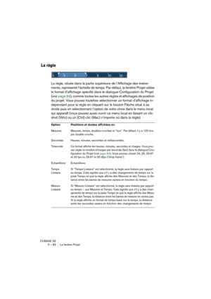 Page 82CUBASE SE
5 – 82 La fenêtre Projet
La règle
La règle, située dans la partie supérieure de l’Affichage des événe-
ments, représente l’échelle de temps. Par défaut, la fenêtre Projet utilise 
le format d’affichage spécifié dans le dialogue Configuration du Projet 
(voir page 84), comme toutes les autres règles et affichages de position 
du projet. Vous pouvez toutefois sélectionner un format d’affichage in-
dépendant pour la règle en cliquant sur le bouton Flèche situé à sa 
droite puis en sélectionnant...