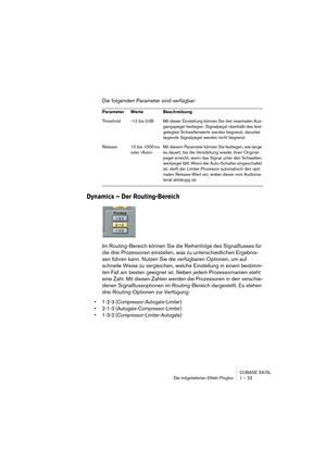 Page 23 
CUBASE SX/SL
Die mitgelieferten Effekt-PlugIns 1 – 23 
Die folgenden Parameter sind verfügbar: 
Dynamics – Der Routing-Bereich
 
Im Routing-Bereich können Sie die Reihenfolge des Signalflusses für 
die drei Prozessoren einstellen, was zu unterschiedlichen Ergebnis-
sen führen kann. Nutzen Sie die verfügbaren Optionen, um auf 
schnelle Weise zu vergleichen, welche Einstellung in einem bestimm-
ten Fall am besten geeignet ist. Neben jedem Prozessornamen steht 
eine Zahl. Mit diesen Zahlen werden die...