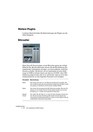 Page 62CUBASE SX/SL
1 – 62 Die mitgelieferten Effekt-PlugIns
Weitere PlugIns
In diesem Abschnitt finden Sie Beschreibungen der PlugIns aus der 
Other-Kategorie.
Bitcrusher
Wenn Sie LoFi-Sound mögen, ist der Bitcrusher genau der richtige 
Effekt für Sie. Mit dem Bitcrusher können Sie die Bit-Auflösung des 
eingehenden Audiosignals verringern, um einen gröberen, verzerrten 
Sound zu erhalten. Sie können z. B. ein Audiosignal mit einer Auflö-
sung von 24 Bit so klingen lassen, als wäre es mit 8-Bit- oder 4-Bit-...