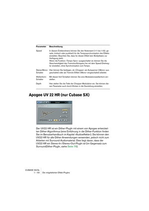 Page 64CUBASE SX/SL
1 – 64 Die mitgelieferten Effekt-PlugIns
Apogee UV 22 HR (nur Cubase SX)
Der UV22 HR ist ein Dither-PlugIn mit einem von Apogee entwickel-
ten Dither-Algorithmus (eine Einführung in die Dither-Funktion finden 
Sie im Benutzerhandbuch im Kapitel »Audioeffekte«). Sie können den 
UV22 HR für alle Dither-Anwendungen verwenden, jedoch nicht zum 
Arbeiten mit Surround-Audiomaterial. Dies liegt daran, dass der 
UV22 HR ein Stereo-In-/Stereo-Out-PlugIn ist (im Gegensatz zum 
SurroundDither-PlugIn,...