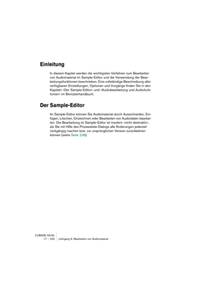 Page 232CUBASE SX/SL
17 – 232 Lehrgang 9: Bearbeiten von Audiomaterial
Einleitung
In diesem Kapitel werden die wichtigsten Verfahren zum Bearbeiten 
von Audiomaterial im Sample-Editor und die Verwendung der Bear-
beitungsfunktionen beschrieben. Eine vollständige Beschreibung aller 
verfügbaren Einstellungen, Optionen und Vorgänge finden Sie in den 
Kapiteln »Der Sample-Editor« und »Audiobearbeitung und Audiofunk-
tionen« im Benutzerhandbuch.
Der Sample-Editor
Im Sample-Editor können Sie Audiomaterial durch...