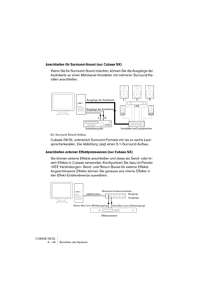 Page 42CUBASE SX/SL
4 – 42 Einrichten des Systems
Anschließen für Surround-Sound (nur Cubase SX)
Wenn Sie für Surround-Sound mischen, können Sie die Ausgänge der 
Audiokarte an einen Mehrkanal-Verstärker mit mehreren Surround-Ka-
nälen anschließen.
Ein Surround-Sound-Aufbau
Cubase SX/SL unterstützt Surround-Formate mit bis zu sechs Laut-
sprecherkanälen. Die Abbildung zeigt einen 5.1-Surround-Aufbau.
Anschließen externer Effektprozessoren (nur Cubase SX)
Sie können externe Effekte anschließen und diese als...