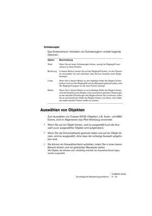 Page 81CUBASE SX/SL
Grundlegende Bearbeitungsverfahren 6 – 81
Schieberegler
Das Einblendmenü »Verhalten von Schiebereglern« enthält folgende 
Optionen:
Auswählen von Objekten
Zum Auswählen von Cubase SX/SL-Objekten, z. B. Audio- und MIDI-
Events, wird im Allgemeinen das Pfeil-Werkzeug verwendet.
•Wenn Sie auf ein Objekt klicken, wird es ausgewählt (und die Aus-
wahl zuvor ausgewählter Objekte wird aufgehoben).
•Wenn Sie die [Umschalttaste] gedrückt halten und auf ein Objekt kli-
cken, wird es ausgewählt, ohne...