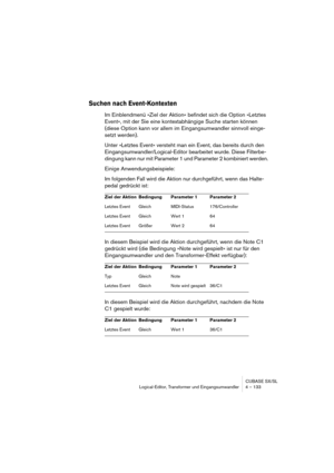 Page 133CUBASE SX/SL
Logical-Editor, Transformer und Eingangsumwandler 4 – 133
Suchen nach Event-Kontexten
Im Einblendmenü »Ziel der Aktion« befindet sich die Option »Letztes 
Event«, mit der Sie eine kontextabhängige Suche starten können 
(diese Option kann vor allem im Eingangsumwandler sinnvoll einge-
setzt werden).
Unter »Letztes Event« versteht man ein Event, das bereits durch den 
Eingangsumwandler/Logical-Editor bearbeitet wurde. Diese Filterbe-
dingung kann nur mit Parameter 1 und Parameter 2 kombiniert...