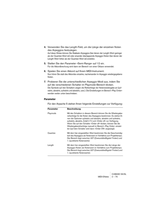 Page 75CUBASE SX/SL
MIDI-Effekte 2 – 75
4.Verwenden Sie das Length-Feld, um die Länge der einzelnen Noten 
des Arpeggios festzulegen.
Auf diese Weise können Sie Stakkato-Arpeggios (bei denen der Length-Wert geringer 
als der Quantize-Wert ist) oder einander überlappende Arpeggio-Noten (bei denen der 
Length-Wert höher als der Quantize-Wert ist) erstellen.
5.Stellen Sie den Parameter »Semi-Range« auf 12 ein.
Für die Akkordbrechung wird dann ein Bereich von einer Oktave verwendet.
6.Spielen Sie einen Akkord auf...