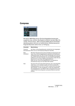 Page 87CUBASE SX/SL
MIDI-Effekte 2 – 87
Compress
Mit diesem MIDI-Effekt können Sie Anschlagstärkeschwankungen 
ausgleichen bzw. erhöhen. Das Ergebnis ist ähnlich wie beim Spur-Pa-
rameter »Anschl. Komp.«. Beim Compress-Effekt gleicht die Schalter-
darstellung jedoch eher der von herkömmlichen Audiokompressoren. 
Folgende Parameter stehen Ihnen zur Verfügung:
Parameter Beschreibung
Threshold 
(Schwellenwert)Nur Noten mit Anschlagstärkewerten oberhalb des hier festgelegten 
Werts sind von der...