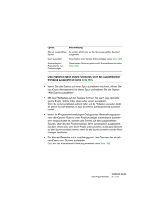 Page 141CUBASE SX/SL
Das Projekt-Fenster 5 – 141
Diese Optionen haben andere Funktionen, wenn das Auswahlbereich-
Werkzeug ausgewählt ist (siehe Seite 159).
•Wenn Sie alle Events auf einer Spur auswählen möchten, öffnen Sie 
das Quick-Kontextmenü für diese Spur und wählen Sie die Option 
»Alle Events auswählen«.
•Mit den Pfeiltasten auf der Tastatur können Sie auch das nächstlie-
gende Event rechts, links, oben oder unten auswählen.
Wenn Sie die [Umschalttaste] gedrückt halten und die Pfeiltasten verwenden,...