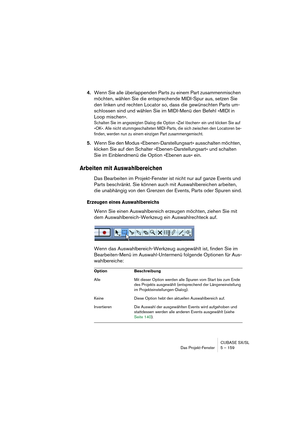 Page 159CUBASE SX/SL
Das Projekt-Fenster 5 – 159
4.Wenn Sie alle überlappenden Parts zu einem Part zusammenmischen 
möchten, wählen Sie die entsprechende MIDI-Spur aus, setzen Sie 
den linken und rechten Locator so, dass die gewünschten Parts um-
schlossen sind und wählen Sie im MIDI-Menü den Befehl »MIDI in 
Loop mischen«.
Schalten Sie im angezeigten Dialog die Option »Ziel löschen« ein und klicken Sie auf 
»OK«. Alle nicht stummgeschalteten MIDI-Parts, die sich zwischen den Locatoren be-
finden, werden nun zu...