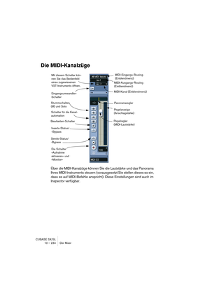 Page 234CUBASE SX/SL
10 – 234 Der Mixer
Die MIDI-Kanalzüge
Über die MIDI-Kanalzüge können Sie die Lautstärke und das Panorama 
Ihres MIDI-Instruments steuern (vorausgesetzt Sie stellen dieses so ein, 
dass es auf MIDI-Befehle anspricht). Diese Einstellungen sind auch im 
Inspector verfügbar.
Pegelregler 
(MIDI-Lautstärke)Pegelanzeige 
(Anschlagstärke) Schalter für die Kanal-
automationPanoramaregler
Die Schalter 
»Aufnahme 
aktivieren« und 
»Monitor«
MIDI-Ausgangs-Routing 
(Einblendmenü)
MIDI-Eingangs-Routing...