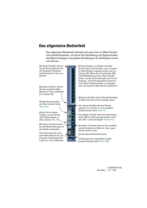 Page 235CUBASE SX/SL
Der Mixer 10 – 235
Das allgemeine Bedienfeld
Das allgemeine Bedienfeld befindet sich ganz links im Mixer-Fenster 
und enthält Parameter, mit denen Sie Darstellung und Eigenschaften 
des Mixers festlegen und globale Einstellungen für alle Kanäle vorneh-
men können.
Die globalen Schalter »Alle Automationsdaten 
lesen« (R)und »Alle Automationsdaten schrei-
ben« (W) – siehe das Kapitel »Automation«.
Einstellungen der ausgewählten Kanäle 
kopieren/einfügen (siehe Seite 256). Globale...