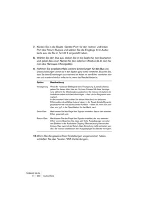 Page 302CUBASE SX/SL
11 – 302 Audioeffekte
7.Klicken Sie in die Spalte »Geräte-Port« für den rechten und linken 
Port des Return-Busses und wählen Sie die Eingänge Ihrer Audio-
karte aus, die Sie in Schritt 2 eingestellt haben.
8.Wählen Sie den Bus aus, klicken Sie in die Spalte für den Busnamen 
und geben Sie einen Namen für den externen Effekt ein (z. B. den Na-
men des Hardware-Effektgeräts).
9.Nehmen Sie gegebenenfalls weitere Einstellungen für den Bus vor.
Diese Einstellungen können Sie in den Spalten ganz...