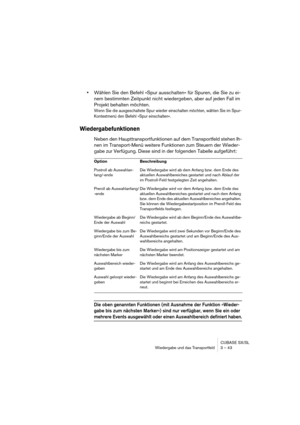 Page 43CUBASE SX/SL
Wiedergabe und das Transportfeld 3 – 43
•Wählen Sie den Befehl »Spur ausschalten« für Spuren, die Sie zu ei-
nem bestimmten Zeitpunkt nicht wiedergeben, aber auf jeden Fall im 
Projekt behalten möchten.
Wenn Sie die ausgeschaltete Spur wieder einschalten möchten, wählen Sie im Spur-
Kontextmenü den Befehl »Spur einschalten«.
Wiedergabefunktionen
Neben den Haupttransportfunktionen auf dem Transportfeld stehen Ih-
nen im Transport-Menü weitere Funktionen zum Steuern der Wieder-
gabe zur...