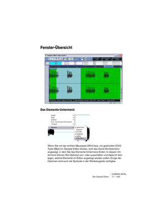 Page 425CUBASE SX/SL
Der Sample-Editor 17 – 425
Fenster-Übersicht
Das Elemente-Untermenü
Wenn Sie mit der rechten Maustaste (Win) bzw. mit gedrückter [Ctrl]-
Taste (Mac) im Sample-Editor klicken, wird das Quick-Kontextmenü 
angezeigt, in dem Sie das Elemente-Untermenü finden. In diesem Un-
termenü können Sie Optionen ein- oder ausschalten und dadurch fest-
legen, welche Elemente im Editor angezeigt werden sollen. Einige der 
Optionen sind auch als Symbole in der Werkzeugzeile verfügbar.   