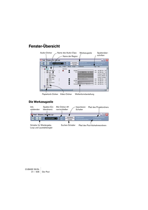 Page 506CUBASE SX/SL
21 – 506 Der Pool
Fenster-Übersicht
Die Werkzeugzeile
Audio-Ordner
Papierkorb-Ordner Video-OrdnerName des Audio-Clips
 Name der Region
WellenformdarstellungSpaltenüber-
schriftenWerkzeugzeile
Alle Ordner öff-
nen/schließen Spalten-Ein-
blendmenü Info
einblendenImportieren-
SchalterPfad des Projektordners
Pfad des Pool-Aufnahmeordners
Schalter für Wiedergabe, 
Loop und LautstärkereglerSuchen-Schalter   