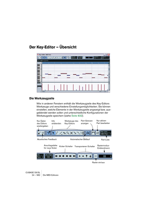 Page 582CUBASE SX/SL
24 – 582 Die MIDI-Editoren
Der Key-Editor – Übersicht
Die Werkzeugzeile
Wie in anderen Fenstern enthält die Werkzeugzeile des Key-Editors 
Werkzeuge und verschiedene Einstellungsmöglichkeiten. Sie können 
einstellen, welche Elemente in der Werkzeugzeile angezeigt bzw. aus-
geblendet werden sollen und unterschiedliche Konfigurationen der 
Werkzeugzeile speichern (siehe Seite 832).
Info
einblenden Nur Daten 
des Editors 
wiedergebenWerkzeuge des 
Key-Editors
Automatischer Bildlauf
Akustisches...