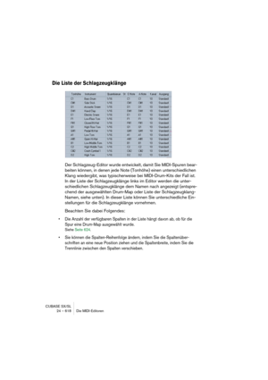 Page 618CUBASE SX/SL
24 – 618 Die MIDI-Editoren
Die Liste der Schlagzeugklänge
Der Schlagzeug-Editor wurde entwickelt, damit Sie MIDI-Spuren bear-
beiten können, in denen jede Note (Tonhöhe) einen unterschiedlichen 
Klang wiedergibt, was typischerweise bei MIDI-Drum-Kits der Fall ist. 
In der Liste der Schlagzeugklänge links im Editor werden die unter-
schiedlichen Schlagzeugklänge dem Namen nach angezeigt (entspre-
chend der ausgewählten Drum-Map oder Liste der Schlagzeugklang-
Namen, siehe unten). In dieser...