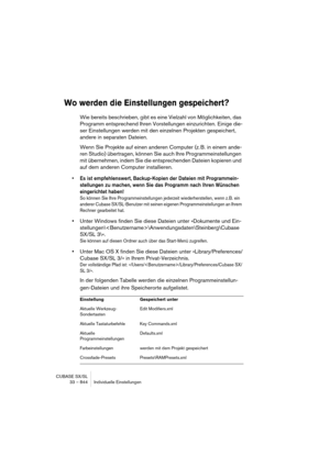 Page 844CUBASE SX/SL
33 – 844 Individuelle Einstellungen
Wo werden die Einstellungen gespeichert?
Wie bereits beschrieben, gibt es eine Vielzahl von Möglichkeiten, das 
Programm entsprechend Ihren Vorstellungen einzurichten. Einige die-
ser Einstellungen werden mit den einzelnen Projekten gespeichert, 
andere in separaten Dateien.
Wenn Sie Projekte auf einen anderen Computer (z. B. in einem ande-
ren Studio) übertragen, können Sie auch Ihre Programmeinstellungen 
mit übernehmen, indem Sie die entsprechenden...