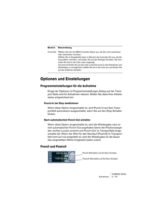 Page 91CUBASE SX/SL
Aufnehmen 4 – 91
Optionen und Einstellungen
Programmeinstellungen für die Aufnahme
Einige der Optionen im Programmeinstellungen-Dialog auf der Trans-
port-Seite sind für Aufnahmen relevant. Stellen Sie diese Ihrer Arbeits-
weise entsprechend ein:
Punch-In bei Stop deaktivieren
Wenn diese Option eingeschaltet ist, wird Punch-In auf dem Trans-
portfeld automatisch ausgeschaltet, wenn Sie auf den Stop-Schalter 
klicken.
Nach automatischem Punch-Out anhalten
Wenn diese Option eingeschaltet ist,...