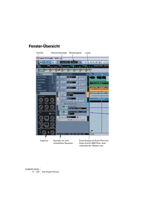 Page 100CUBASE SX/SL
5 – 100 Das Projekt-Fenster
Fenster-Übersicht
Werkzeugzeile Infozeile
Spurliste mit unter-
schiedlichen SpurartenEvent-Anzeige mit Audio-Parts und 
Audio-Events, MIDI-Parts, Auto-
mationskurven, Markern usw.
Übersichtsanzeige
InspectorLineal  