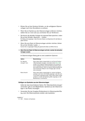 Page 200CUBASE SX8 – 200 Arbeiten mit Symbolen
•Klicken Sie auf den Sortieren-Schalter, um die verfügbaren Gitarren-
vorlagen nach ihren Grundtönen zu sortieren.
•Wenn Sie ein Symbol aus den Gitarrenvorlagen entfernen möchten, 
wählen Sie es in der Liste aus und klicken Sie auf »Entfernen«.
•Sie können die aktuellen Vorlagen als separate Datei speichern, indem 
Sie auf den Schalter »Speichern…« klicken.
Ein Dialog wird angezeigt, in dem Sie einen Namen und Speicherort für die Datei an-
geben können.
•Wenn Sie...