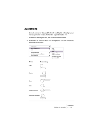 Page 215CUBASE SXArbeiten mit Symbolen 8 – 215
Ausrichtung
Symbole können in Cubase SX ähnlich wie Objekte in Grafikprogram-
men ausgerichtet werden. Gehen Sie folgendermaßen vor:
1.Wählen Sie die Objekte aus, die Sie ausrichten möchten.
2.Wählen Sie im Notation-Menü eine der Optionen aus dem Untermenü 
»Elemente ausrichten«.
Option Beschreibung
Links
Rechts
Oben
Unten
Vertikal zentrieren
Horizontal zentrieren 