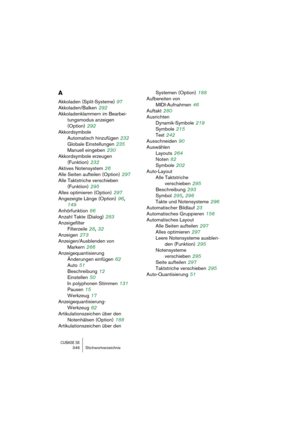 Page 346CUBASE SX346 Stichwortverzeichnis
A
Akkoladen (Split-Systeme) 97
Akkoladen/Balken
 292
Akkoladenklammern im Bearbei-
tungsmodus anzeigen 
(Option)
 292
Akkordsymbole
Automatisch hinzufügen
 232
Globale Einstellungen
 235
Manuell eingeben
 230
Akkordsymbole erzeugen 
(Funktion)
 232
Aktives Notensystem
 26
Alle Seiten aufteilen (Option)
 297
Alle Taktstriche verschieben 
(Funktion)
 295
Alles optimieren (Option)
 297
Angezeigte Länge (Option)
 96, 
149
Anhörfunktion
 86
Anzahl Takte (Dialog)
 283...