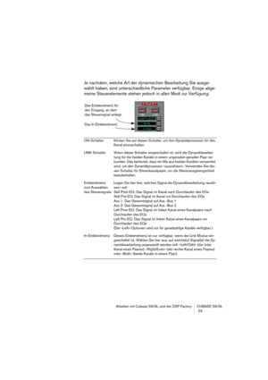 Page 23Arbeiten mit Cubase SX/SL und der DSP Factory CUBASE SX/SL
 23
Je nachdem, welche Art der dynamischen Bearbeitung Sie ausge-
wählt haben, sind unterschiedliche Parameter verfügbar. Einige allge-
meine Steuerelemente stehen jedoch in allen Modi zur Verfügung:
ON-Schalter Klicken Sie auf diesen Schalter, um den Dynamikprozessor für den 
Kanal einzuschalten.
LINK-Schalter Wenn dieser Schalter eingeschaltet ist, wird die Dynamikbearbei-
tung für die beiden Kanäle in einem ungeraden-geraden Paar ver-
bunden....