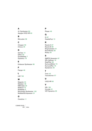 Page 108CUBASE SX/SL
108 Index
A
A1 Synthesizer 80
Apogee UV22 HR
 60
B
Bitcrusher 58
C
Chopper 59
Chorus
 45
D
DaTube 10
Dither
 60
DoubleDelay
 7
Dynamics
 18
E
Embracer Synthesizer 95
F
Flanger 46
L
LM-7 92
M
Magneto 24
Metalizer
 48
MIDI Gate
 29
Mix6To2
 72
ModDelay
 9
Monologue Synthesizer
 100
MultibandCompressor
 31
O
Overdrive 11
P
Phaser 49
Q
Q 37
QuadraFuzz
 12
R
Reverb A 67
Reverb B
 68
Ringmodulator
 51
RoomWorks
 69
Rotary
 53
S
SMPTE Generator 67
SPL DeEsser
 16
StepFilter
 39
SurroundDither
 73...