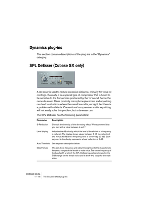 Page 16 
CUBASE SX/SL
1 – 16 The included effect plug-ins 
Dynamics plug-ins
 
This section contains descriptions of the plug-ins in the “Dynamics” 
category. 
SPL DeEsser (Cubase SX only)
 
A de-esser is used to reduce excessive sibilance, primarily for vocal re-
cordings. Basically, it is a special type of compressor that is tuned to 
be sensitive to the frequencies produced by the "s" sound, hence the 
name de-esser. Close proximity microphone placement and equalizing 
can lead to situations where...