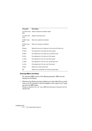 Page 54CUBASE SX/SL
1 – 54 The included effect plug-ins
Directing MIDI to the Rotary
For real-time MIDI control of the Speed parameter, MIDI must be 
directed to the Rotary.
•Whenever the Rotary has been added as an insert effect (for an audio 
track or an FX channel), it will be available on the output (“out:”) pop-
up menu for MIDI tracks.
If Rotary is selected on the “out:” menu, MIDI will be directed to the plug-in from the 
selected track.
Low Rotor Amp 
Mod. Adjusts amplitude modulation depth.
Low Rotor...