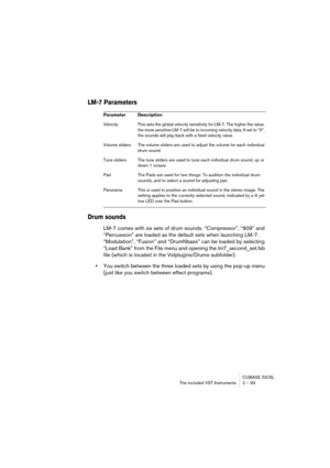 Page 93CUBASE SX/SL
The included VST Instruments 2 – 93
LM-7 Parameters
Drum sounds
LM-7 comes with six sets of drum sounds. “Compressor”, “909” and 
“Percussion” are loaded as the default sets when launching LM-7. 
“Modulation”, “Fusion” and “DrumNbass” can be loaded by selecting 
“Load Bank” from the File menu and opening the lm7_second_set.fxb 
file (which is located in the Vstplugins/Drums subfolder). 
•You switch between the three loaded sets by using the pop-up menu 
(just like you switch between effect...
